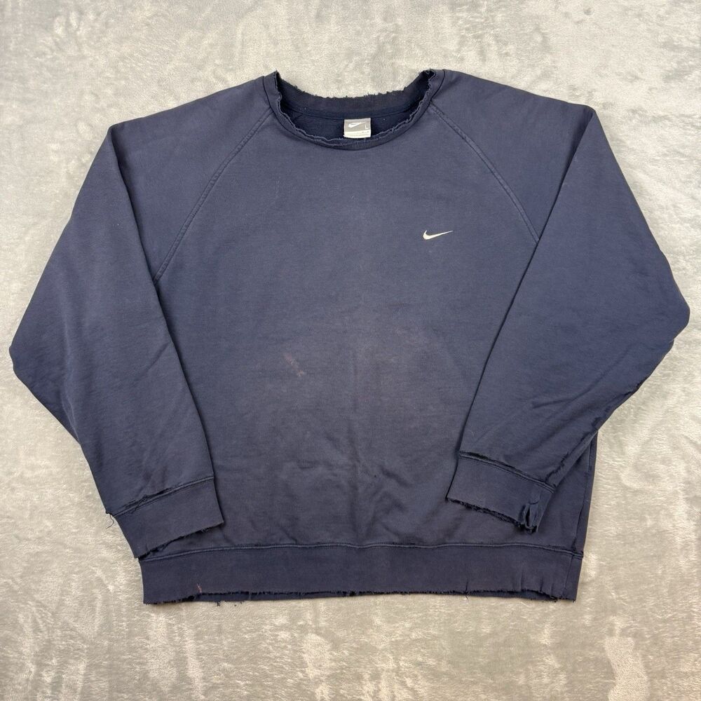 Vintage Nike Men’s Large Navy Blue Distressed Faded Swoosh Crewneck Sweatshirt